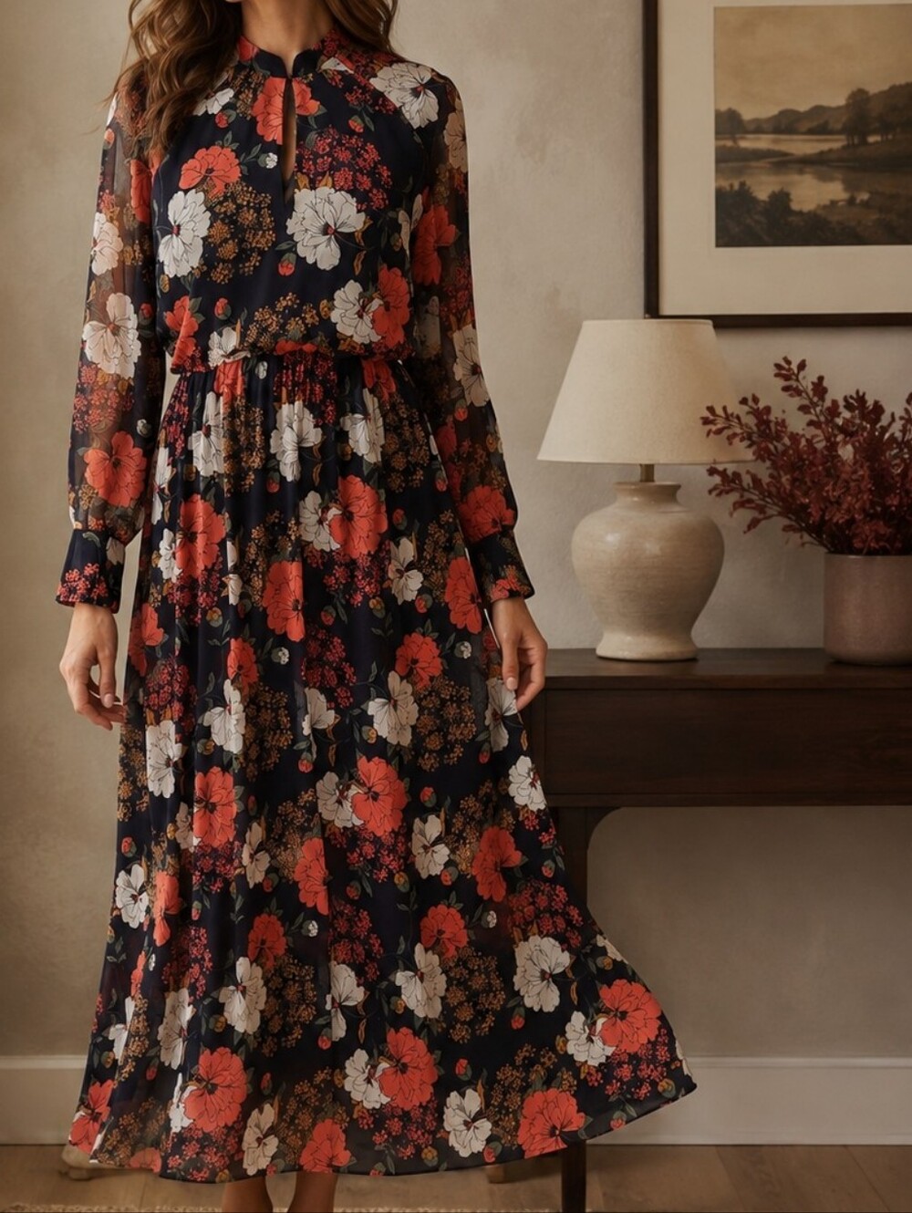 Zara Navy Maxi Dress with Coral & Cream Floral Print